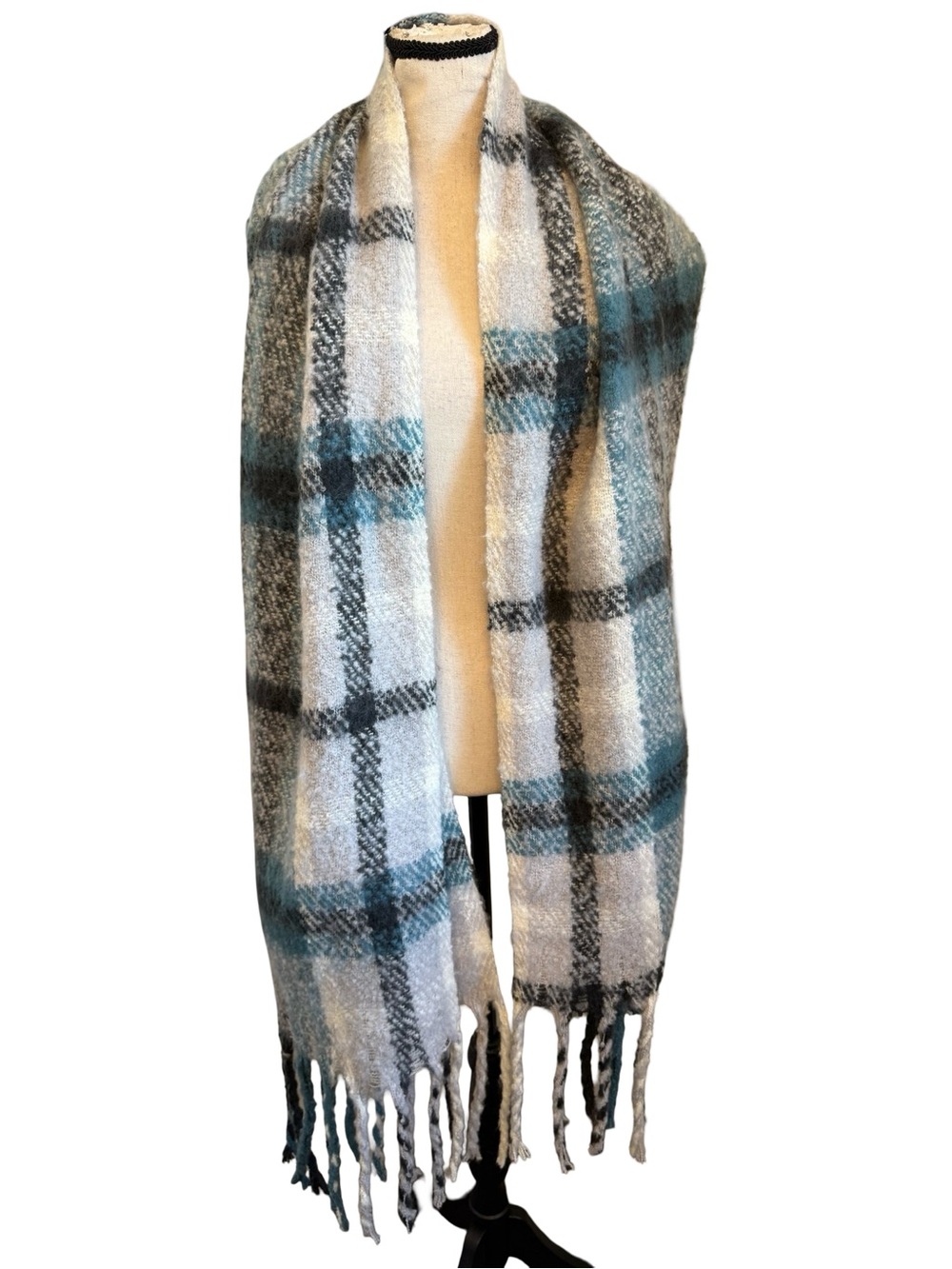 Max Studio Blue Gray Plaid Oversized Fringe Blanket Scarf Wrap Shawl 77"